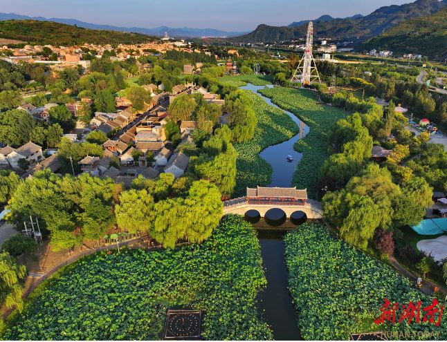 秦嶺深處的棣花古鎮(zhèn)，游人在連片荷塘中泛舟。