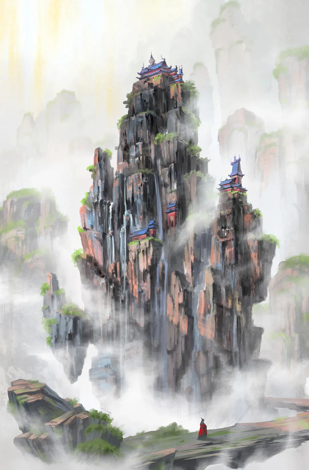 圖為具有中國審美意蘊的科幻插圖，①③為著名科幻插畫師趙恩哲所繪制的《紅岸基地日落》《云嵐山》；②為青年科幻插畫師繪制的《三日凌空》