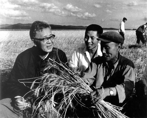 多年來(lái)華羅庚為推廣“優(yōu)選法”和“統(tǒng)籌法”，經(jīng)常深入廣大工廠、農(nóng)村，圖為華羅庚與農(nóng)民在一起（右下）