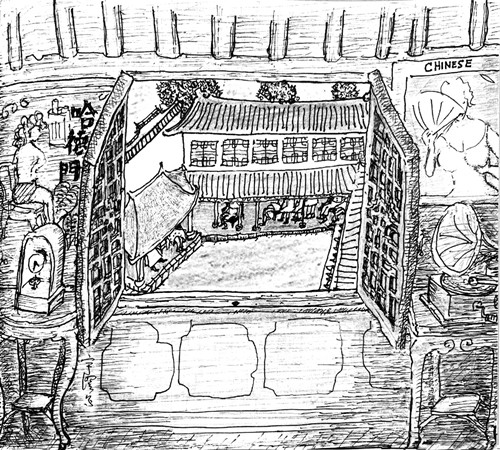 樓下說書，聽書。樓上的情況，不清楚，很多事情如此