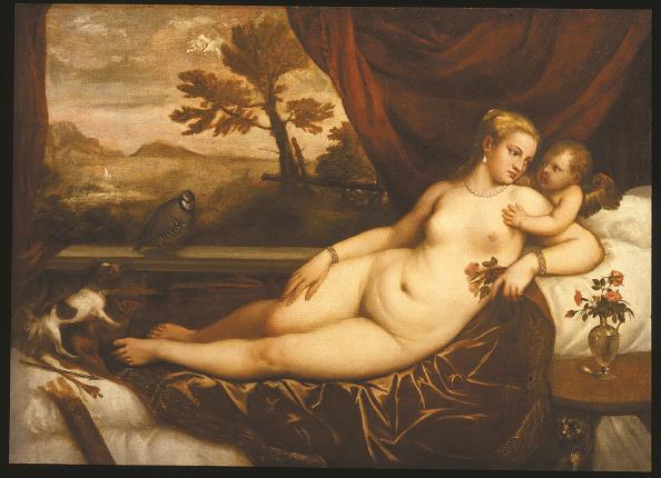 《維納斯、丘比特、狗與山鶉》提香與工作室