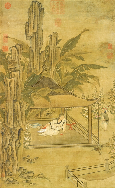 中國畫《山亭納涼圖》，作者為明代周臣。  臺北故宮博物院藏