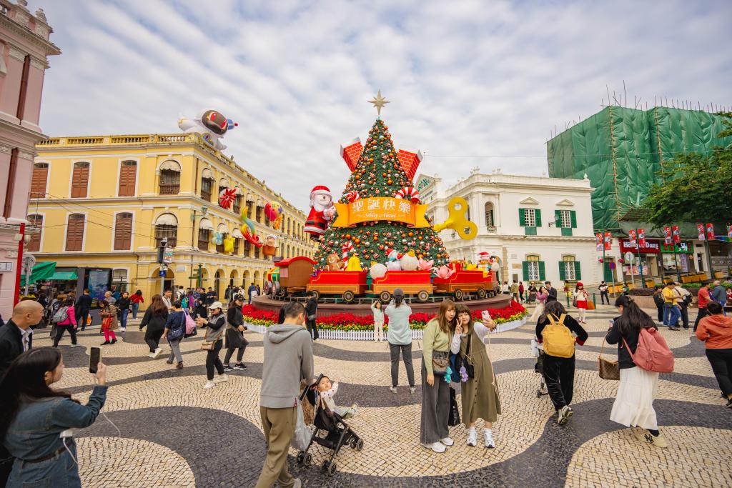 12月12日，游客在澳門議事亭前地的圣誕樹前拍照。新華社記者 朱煒 攝